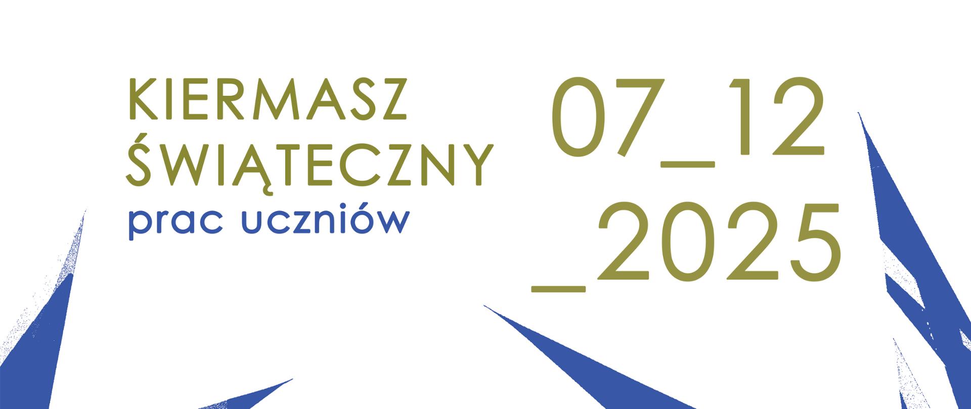 plakat, na białym tle niebieskie gwiazdy i napis kiermasz świąteczny