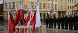 Rocznica powrotu Rawicza do Odrodzonej Polski. Plac przed pomnikiem Żołnierza Polskiego. na pierwszym planie stojak z flagami biało-czerwonymi. W tle klasa mundurowa 1. LO w Rawiczu.