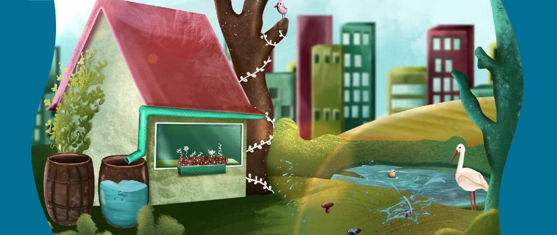 Oczko wodne bocian beczka na deszczówką