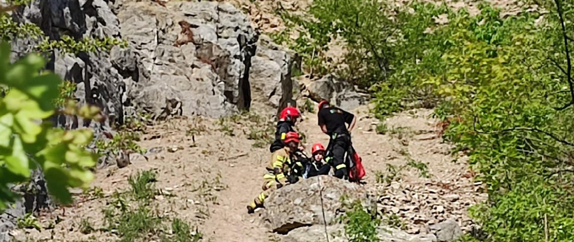 Na zdjęciu przedstawiono rezerwat przyrody Kadzielnia. Na półce skalnej w otoczeniu 3 ratowników znajduje się poszkodowany nastolatek. 