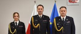 troje strażaków pozujących do zdjęcia w gabinecie, za nimi flagi polski i unii europejskiej