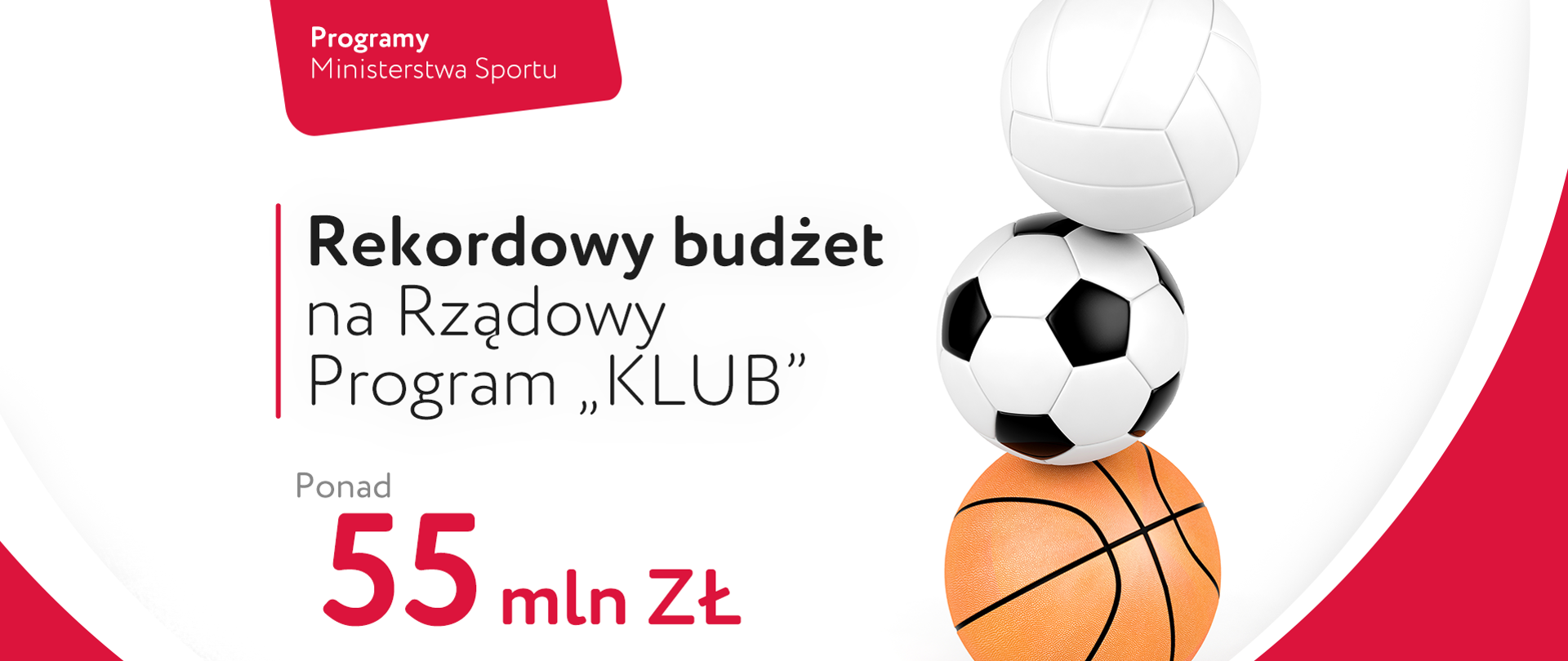 Grafika z napisem - Rekordowy budżet na Rządowy Program "KLUB", ponad 55 milionów złotych. Obok napisu 3 piłki, do siatkówki, piłki nożnej i koszykówki.