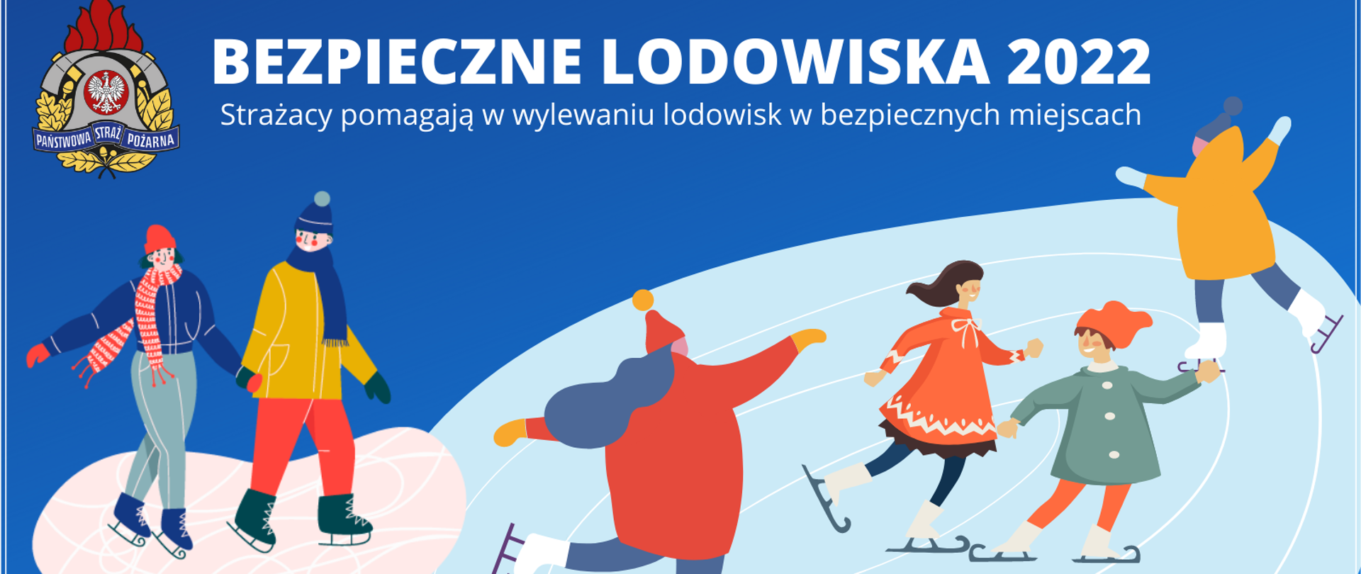 Na zdjęciu widać grafikę, na której sześcioro dzieci jeździ na łyżwach. U góry biały napis bezpieczne lodowiska 2022