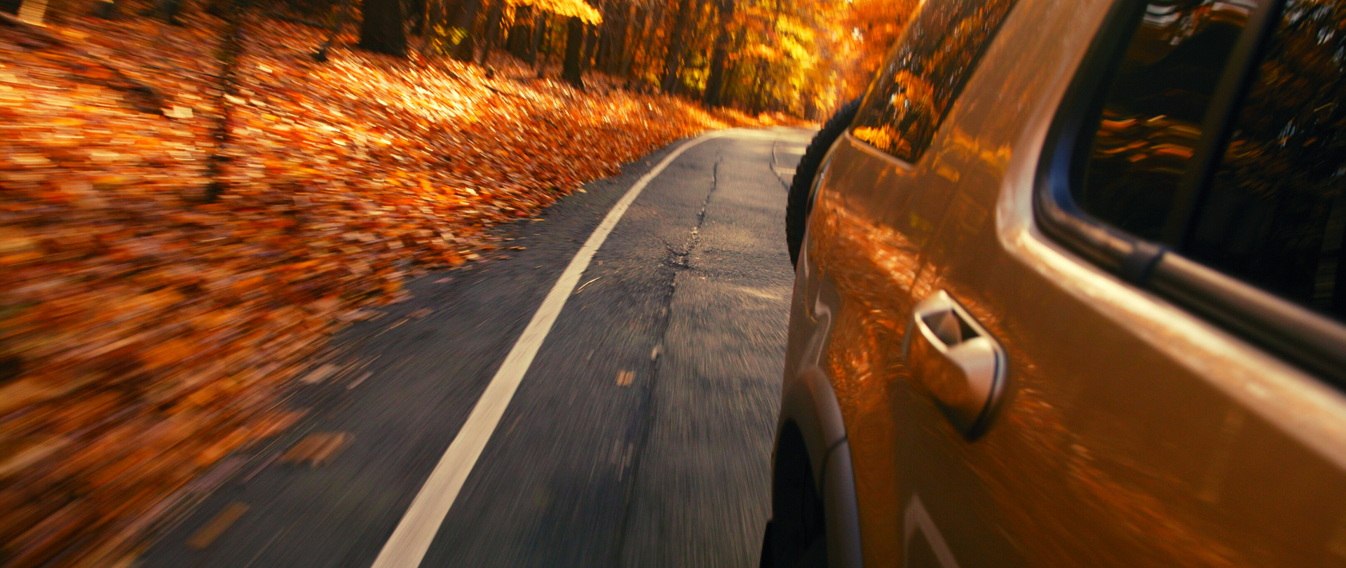 Suv w wąskim ujęciu jadący szosą pośrodku lasu. Drzewa są w jesiennych kolorach, na ziemi leży mnóstwo liści
