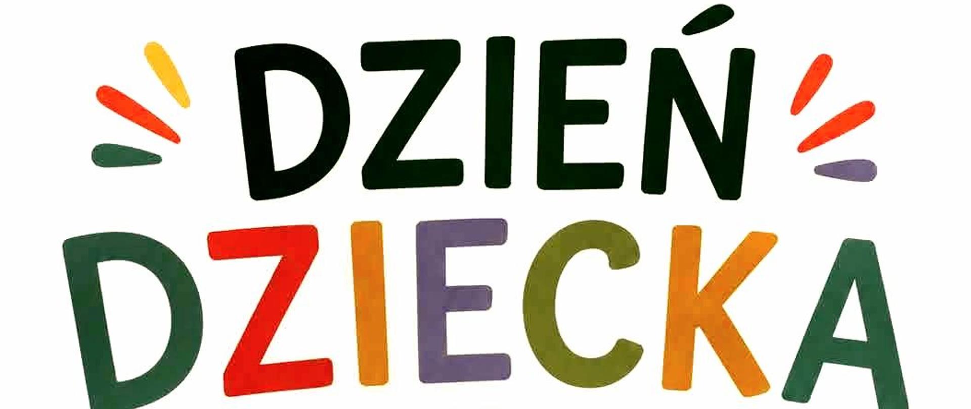Na białym tle kolorowy napis "Dzień dziecka". Pod spodem informacje o wydarzeniu. Na dole grafiki z instrumentami dętymi.