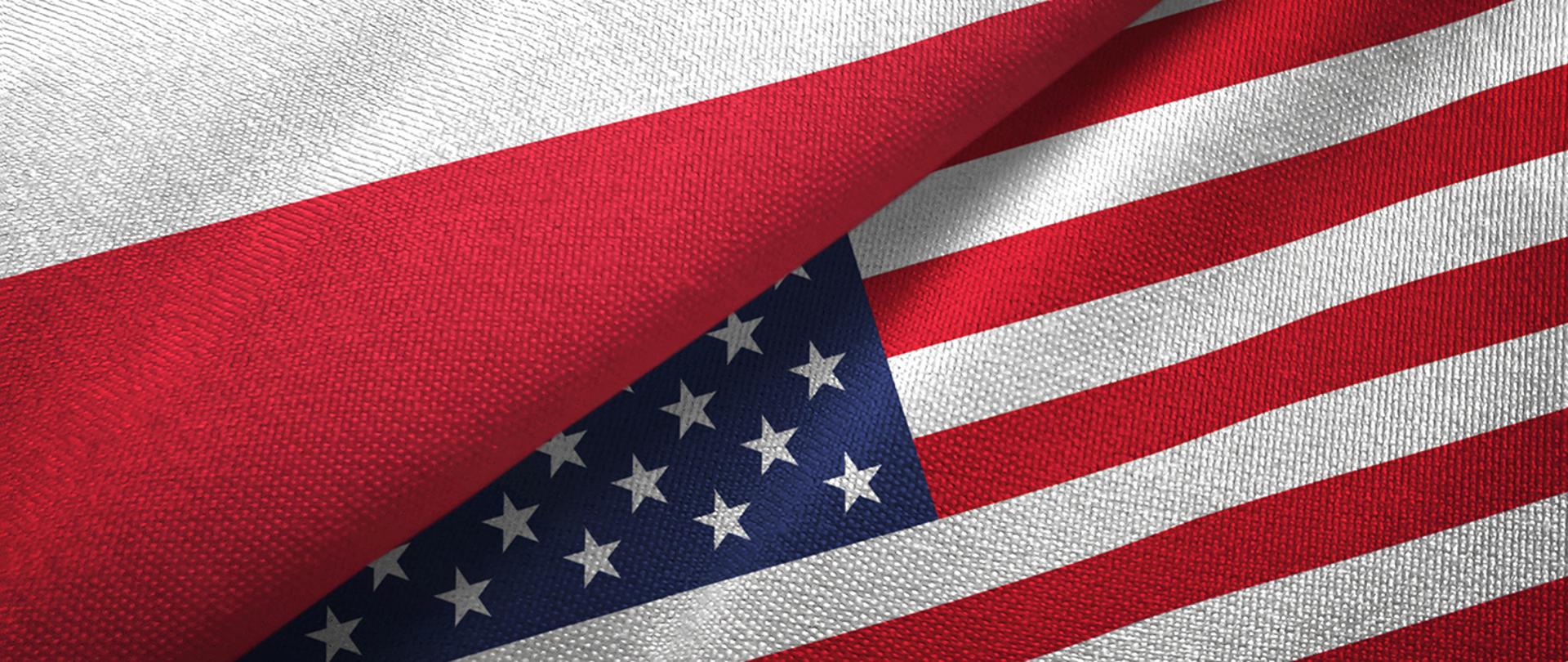Poland and United States flags together textile cloth, fabric texture