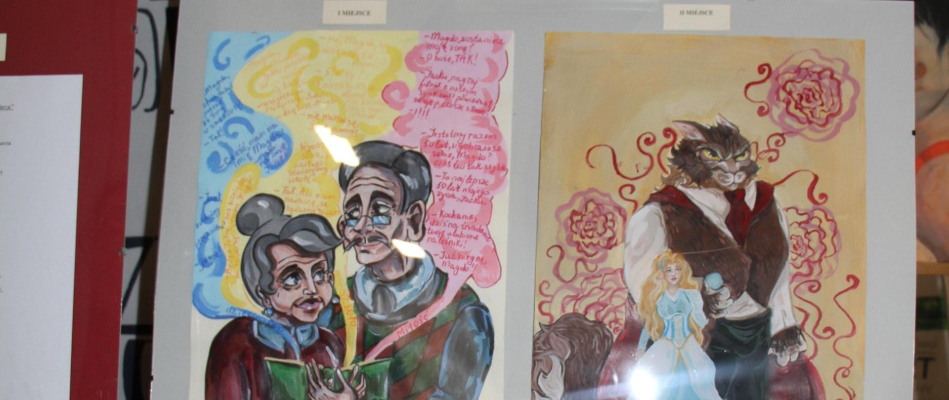 Dwa kolorowe obrazki. Po lewej na obrazku obejmująca się dwójka starszych ludzi, w rękach trzymają zieloną książkę, której do góry idą trzy chmurki z napisami niebieska, żółta i różowa. Na górze napis I miejsce, na dole napis Polina Shakaieva lat 19. Po prawej ilustracja z bajki "Piekna i bestia" - ubrana w niebieską suknię blond księżniczka i i znacznie większa od niej postać zierzopodobna w białej koszuli, krawacie, kamizelce i spodniach, na żółtym tle, różowe i czerwone ornamenty. Na górze napis II miejsce, na dole napis Weronika Brzana lat 16