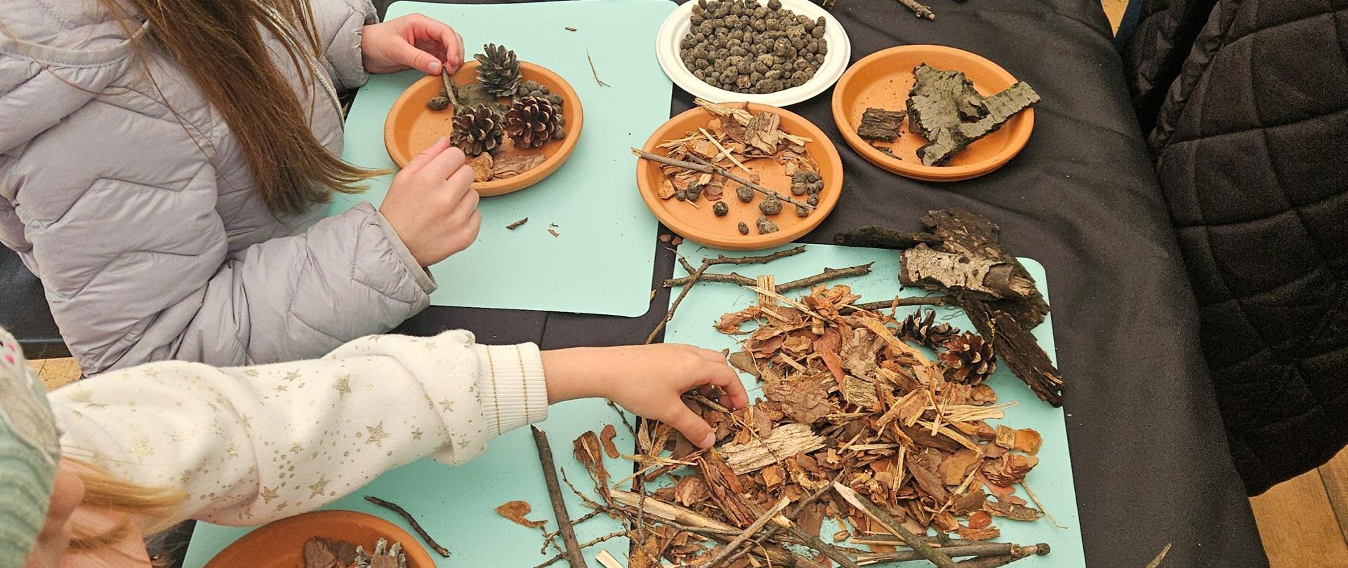 warsztaty rękodzieła na stole: talerze ceramiczne, kamyki, patyczki, kora