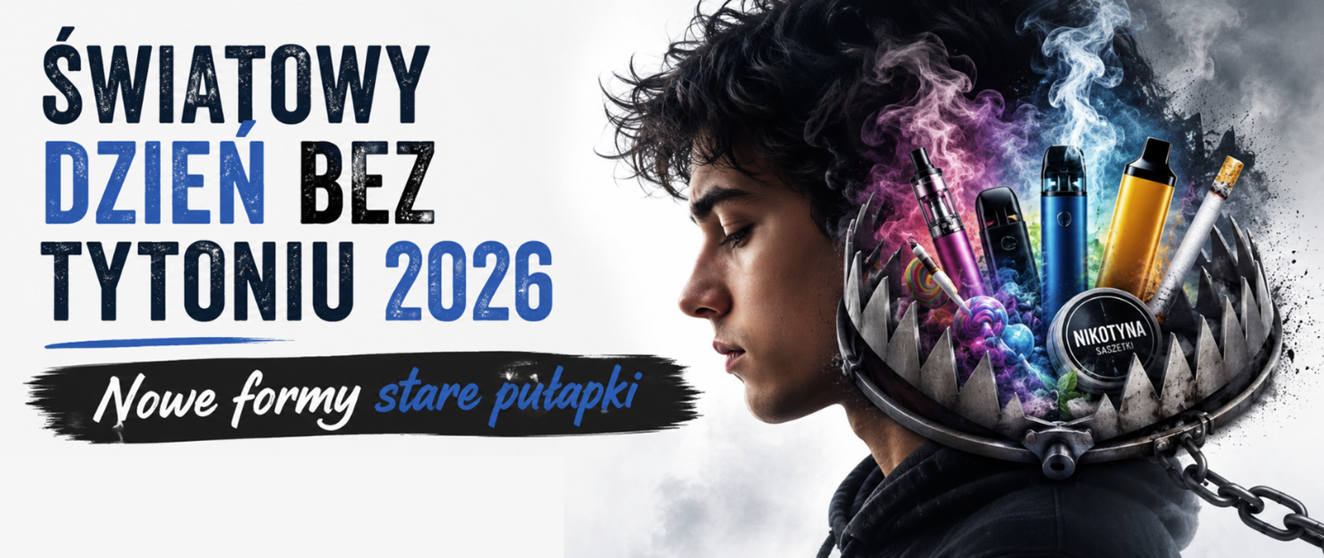 Plakat edukacyjny z okazji Światowego Dnia Bez Tytoniu 2026. Po lewej stronie znajduje się duży napis „ŚWIATOWY DZIEŃ BEZ TYTONIU 2026”, a poniżej hasło „Nowe formy stare pułapki”. Po prawej stronie widoczny jest profil młodej osoby na jasnym tle. Głowę otacza metalowa pułapka symbolizująca uzależnienie, w której znajdują się papieros, e-papierosy, saszetki nikotynowe oraz kolorowe elementy przyciągające uwagę młodych osób. Z urządzeń unosi się wielobarwny dym. Grafika utrzymana jest w kontrastowej kolorystyce bieli, czerni i niebieskiego, podkreślając zagrożenia związane z nowymi produktami nikotynowymi. Przekaz plakatu zwraca uwagę, że współczesne formy używania nikotyny mogą prowadzić do tych samych uzależnień i konsekwencji zdrowotnych co tradycyjne wyroby tytoniowe.