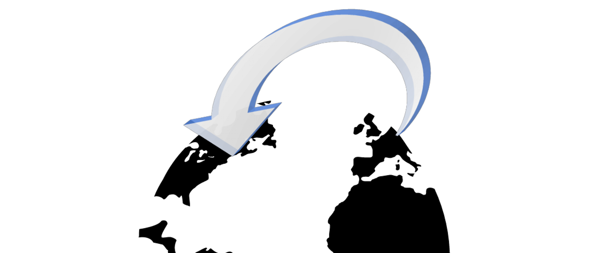 grafika przedstawia monochromatyczny zarys kontynentów z niebieskoszarą strzałką symbolizującą "przemieszczanie"