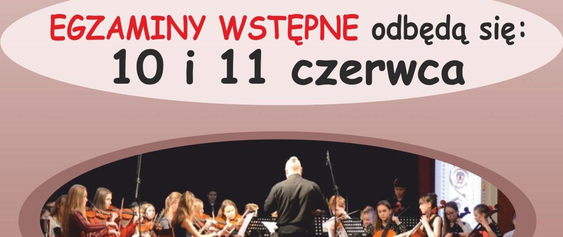 Na zdjęciu, w lewym górnym rogu budynek szkoły, w środku informacje dotyczące naboru, poniżej zdjęcie orkiestry szkolnej i dyrygenta podczas koncertu.