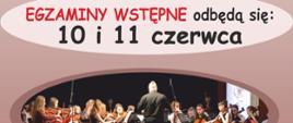 Na zdjęciu, w lewym górnym rogu budynek szkoły, w środku informacje dotyczące naboru, poniżej zdjęcie orkiestry szkolnej i dyrygenta podczas koncertu.