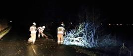 Zdjęcie zrobione w porze nocnej, strażacy usuwają połamane gałęzie z drogi, jeden z nich zmiata resztki konarów za pomocą szczoty