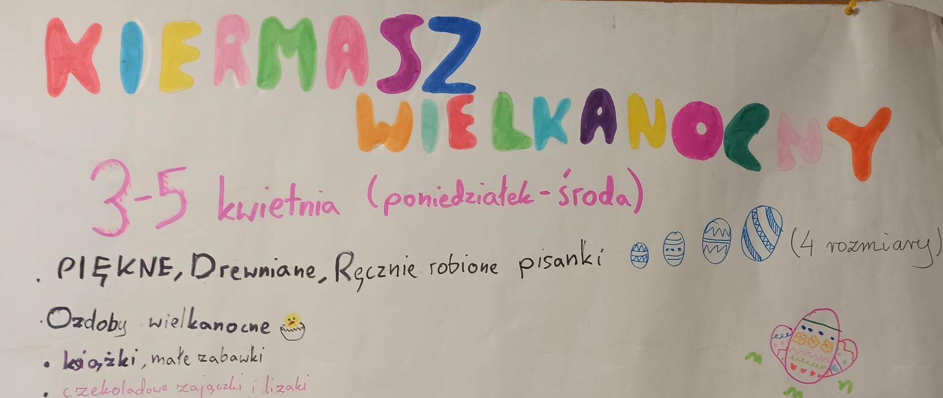 Zdjęcie zawiera datę kiermaszu wielkanocnego oraz informacje, co na kiermaszu będzie dostępne