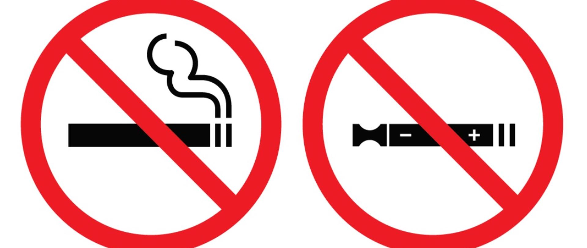 Wzór tabliczki informującej o zakazie palenia papierosów tradycyjnych i papierosów elektronicznych w miejscach publicznych zgodnie z ustawą z dnia 9 listopada 1995 r. o ochronie zdrowia przed następstwami używania tytoniu i wyrobów tytoniowych. Na tabliczce umieszczone są dwa oznaczenia — dla papierosów tradycyjnych i elektronicznych umiejscowionych na znakach zakazu.