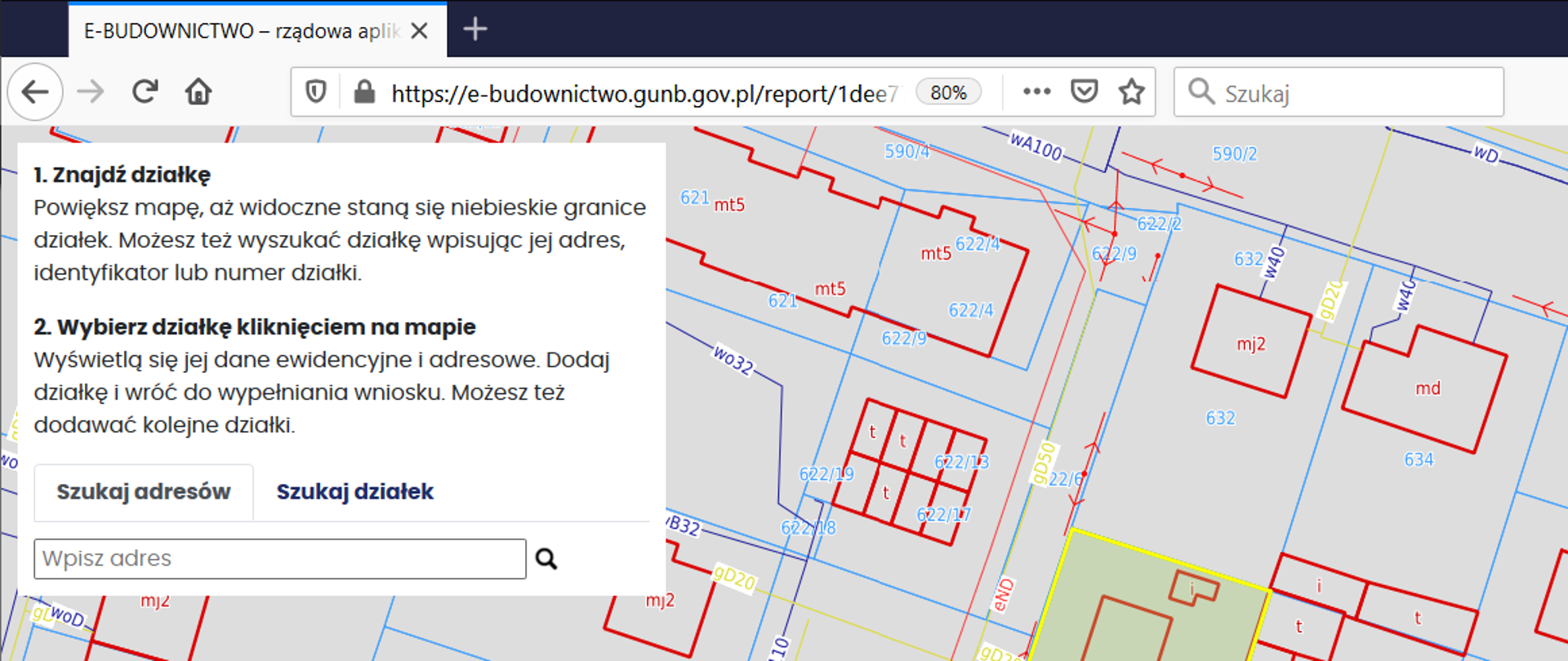 Widok kontrolki mapowej w portalu e-budownictwo z zaznaczonymi elementami sterowania widocznością warstw