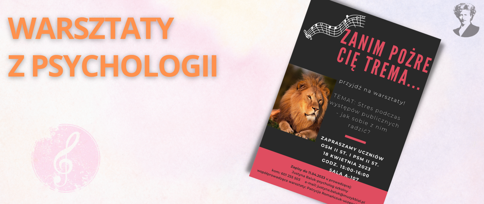 Pomarańczowy napis "Warsztaty z psychologii", a po prawej przekrzywiona sylwetka plakatu tego wydarzenia oraz logotyp ZSM w Białymstoku.