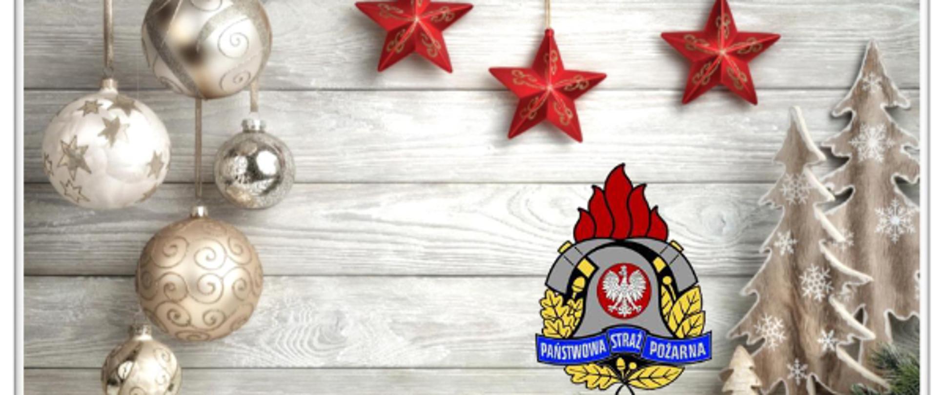 Kartka świąteczna z życzeniami komendanta miejskiego PSP w Gdańsku i logiem PSP