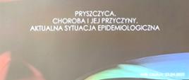 slajd tytułowy prezentacji, na ciemnym tle tytuł: Pryszczyca. Choroba i jej przyczyny. Aktualna sytuacja epidemiologiczna.