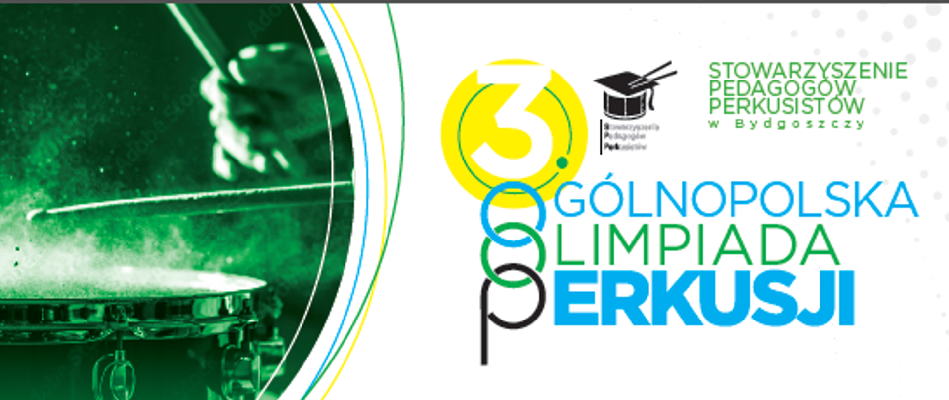Na białym tle w lewym górnym rogu fragment perkusji oraz dłoń trzymająca pałeczki perkusyjne. Z prawej strony tekst: 3. Ogólnopolska Olimpiada Perkusji. Pośrodku na zielonym tle tekst: Dyplom, poniżej II Nagroda: Bartosz Kozłowski