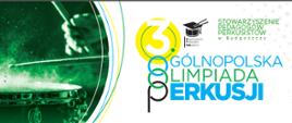 Na białym tle w lewym górnym rogu fragment perkusji oraz dłoń trzymająca pałeczki perkusyjne. Z prawej strony tekst: 3. Ogólnopolska Olimpiada Perkusji. 