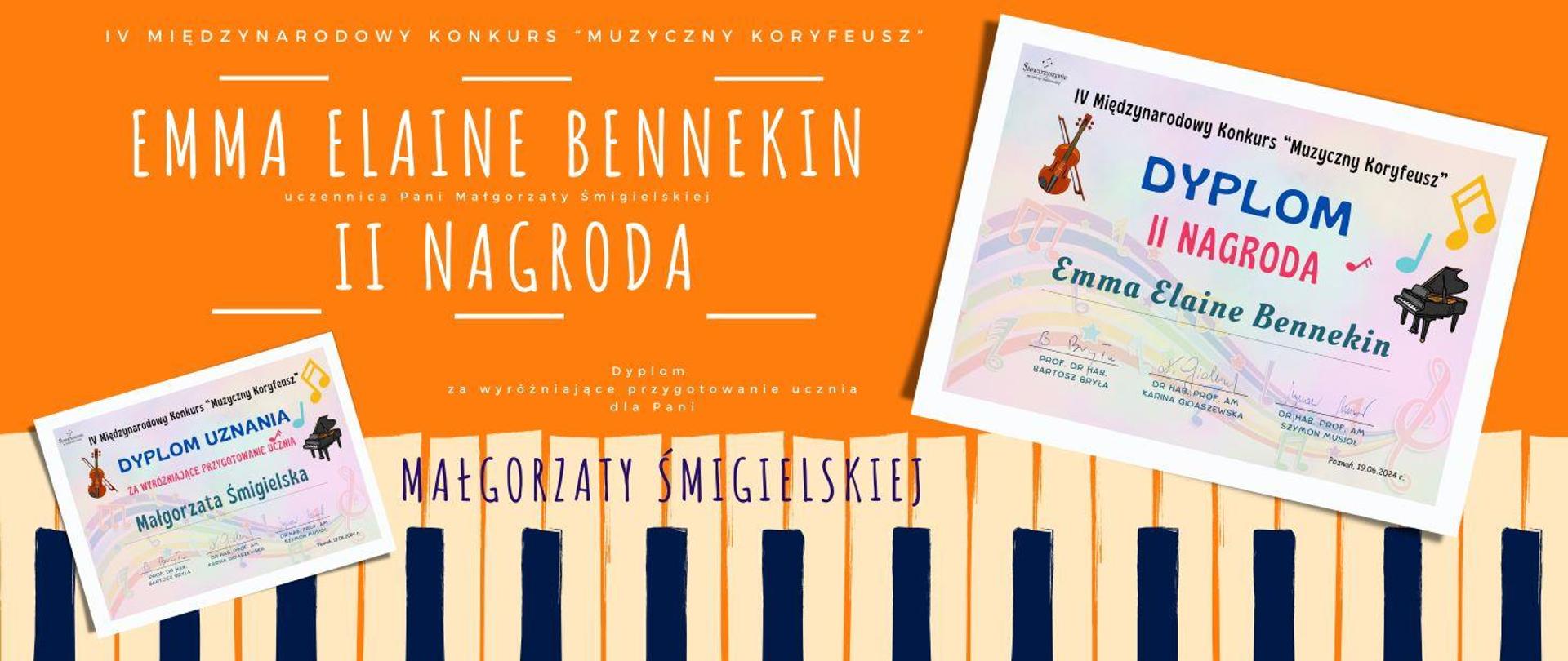 Na pomarańczowym tle, na dole namalowana biało czarna klawiatura. Po prawej i lewej stronie w białej ramce dyplomy na których jest fortepian, kolorowe nutki oraz skrzypce.
