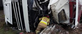 Na zdjęciu strażak w umundurowaniu specjalnym próbujący dotrzeć do poszkodowanego kierowcy uwięzionego wewnątrz kabiny kierowcy.