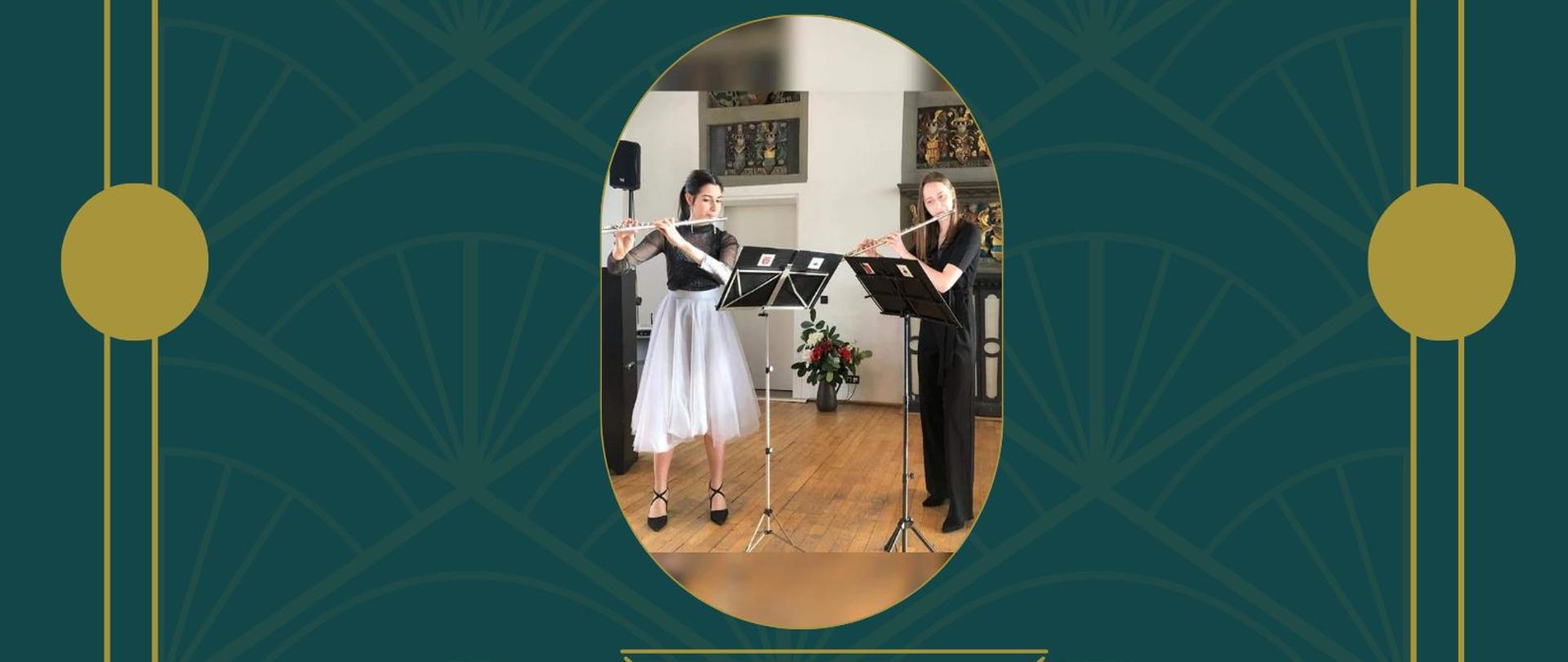 Grafika - afisz. Tło zielone. Napisy: Państwowa Szkoła Muzyczna I stopnia im. Karola Szymanowskiego w Prudniku ZAPRASZA NA RECITAL FLETOWY ABSOLWENTEK AGNIESZKI ZEMLIK i KAROLINY KRASOŃ UCZENNIC KLASY DYPLOMOWEJ PSM II STOPNIA NYSIE. W środku owalne małe zdjęcie flecistek. Kolejne napisy: 14 kwietnia 2023 godz. 16.30 W PROGRAMIE: J.S. BACH, S. MERCANDANTE, PH. GAUBERT, G. ENESCO, G. SCHOCKER. Przy fortepianie: Dominik Zabłocki. Cały tekst zawarty w stylizowanej ramce.