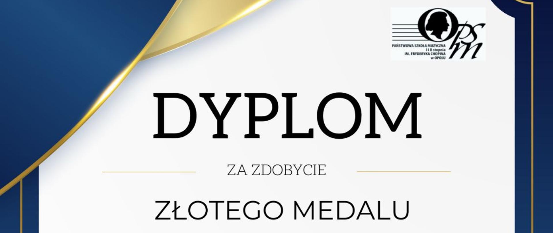 Dyplom białe tło granatowa ramka na dole złoty medal z jedynką liściem laurowym wokół kolorowe konfetti w prawym górnym rogu logo szkoły muzycznej w Opolu tekst Dyplom za zdobycie złotego medalu w kategorii 5 z notą 21,25 sextet akordeonowy PSM Głuchołazy w pierwszym międzyszkolnym konkursie Bach na akordeonie Jury magister Elżbieta Kaszycka Kowalczyk magister Dariusz Kownacki magister Olga Strelc magister Stanisława Kruk Opole 31 marca 2023 z prawej strony podpisy jurorów.