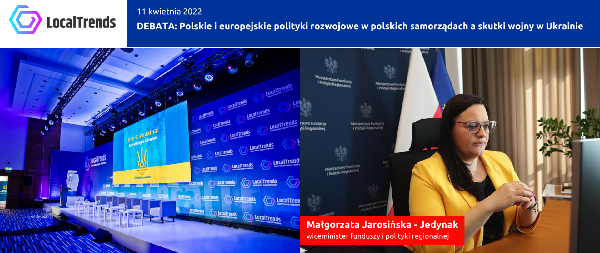 Na grafice napis Debata Polskie i europejskie polityki rozwojowe w polskich samorządach. Po prawej zdjęcie wiceminister Małgorzaty Jarosińskiej-Jedynak przed monitorem, a z lewej zdjęcie sali konferencyjnej.