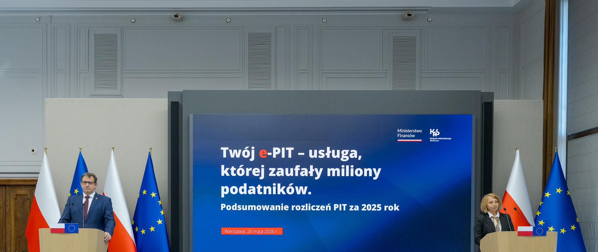 Konferencja prasowa dotycząca usługi Twój e‑PIT i podsumowania rozliczeń za 2025 rok.