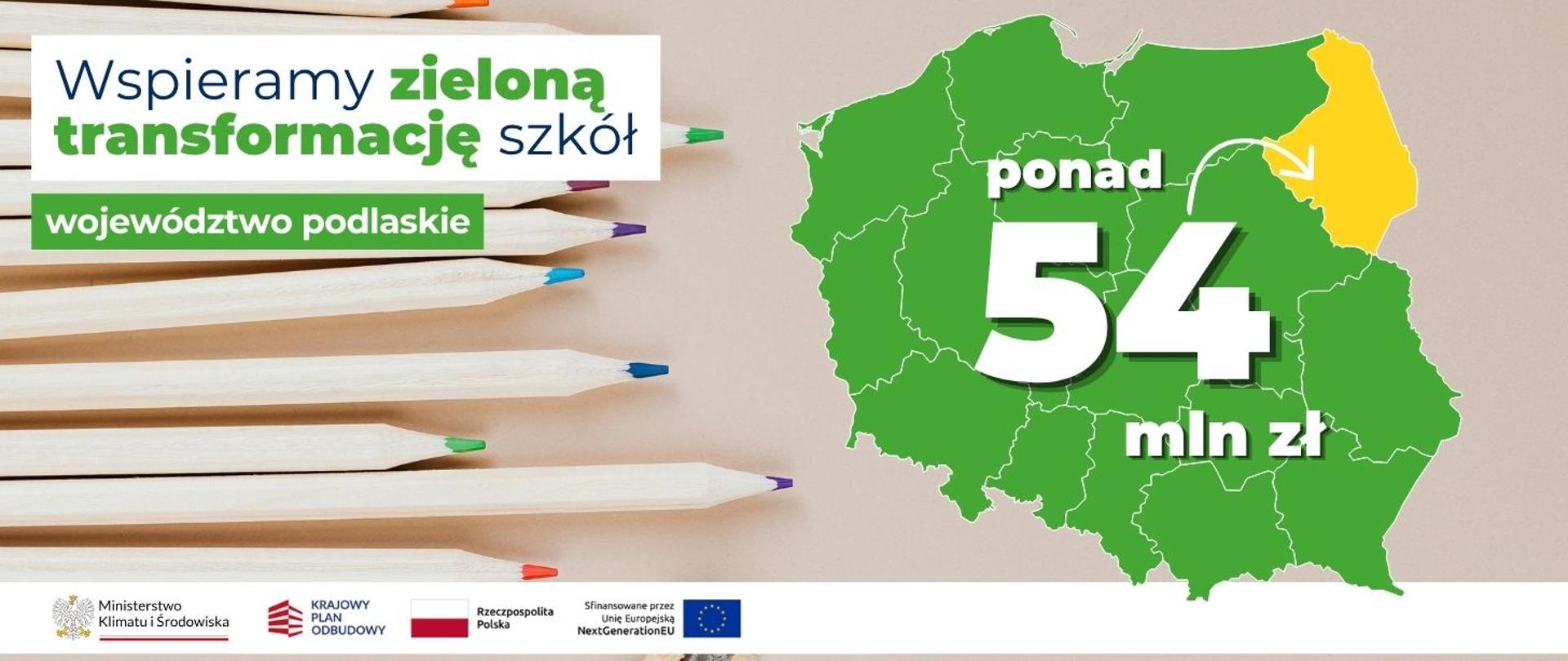 Na banerze po lewej stronie widnieje napis: Wspieramy zieloną transformację szkół województwo podlaskie. Po prawej stronie widoczna jest mapa Polski z zaznaczonym na żółto woj. podlaskim i napisem ponad 54 mln zł.