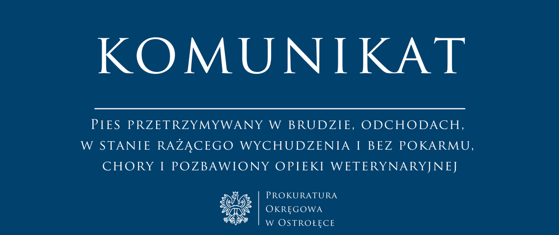 Biały napis komunikat PIES PRZETRZYMYWANY W BRUDZIE, ODCHODACH, W STANIE RAŻĄCEGO WYCHUDZENIA I BEZ POKARMU, CHORY I POZBAWIONY OPIEKI WETERYNARYJNEJ na niebieskim tle