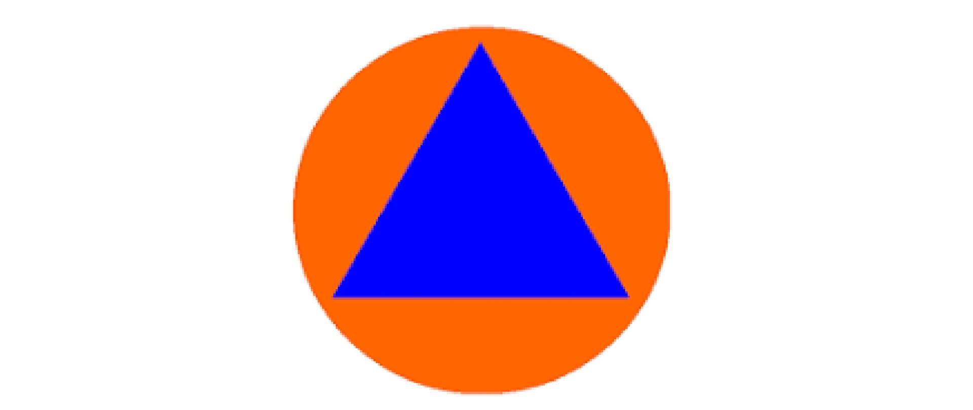 Symbol przedstawiony na obrazku – niebieski trójkąt wpisany w pomarańczowe koło/okrąg – jest międzynarodowym znakiem Obrony Cywilnej