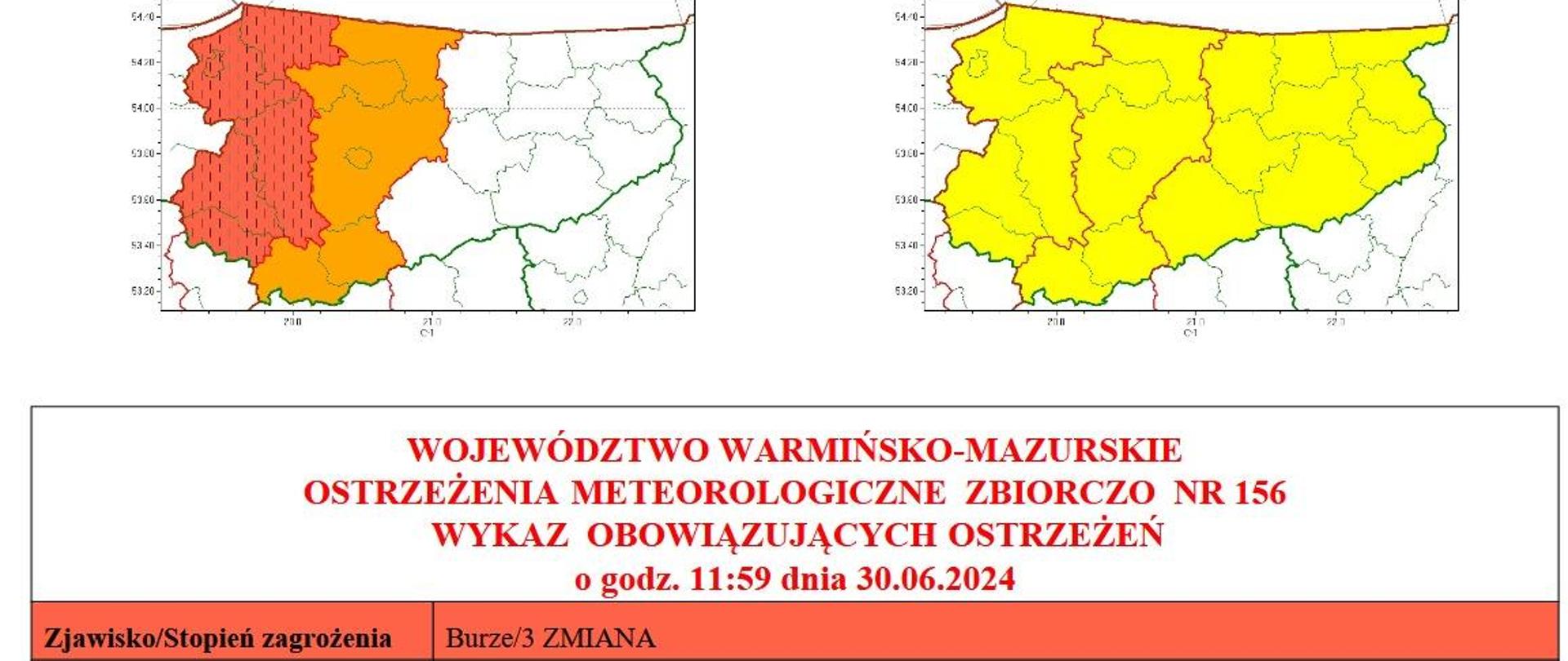 Ostrzeżenie przed prognozowanymi burzami z silnym wiatrem opatrzone grafikami 