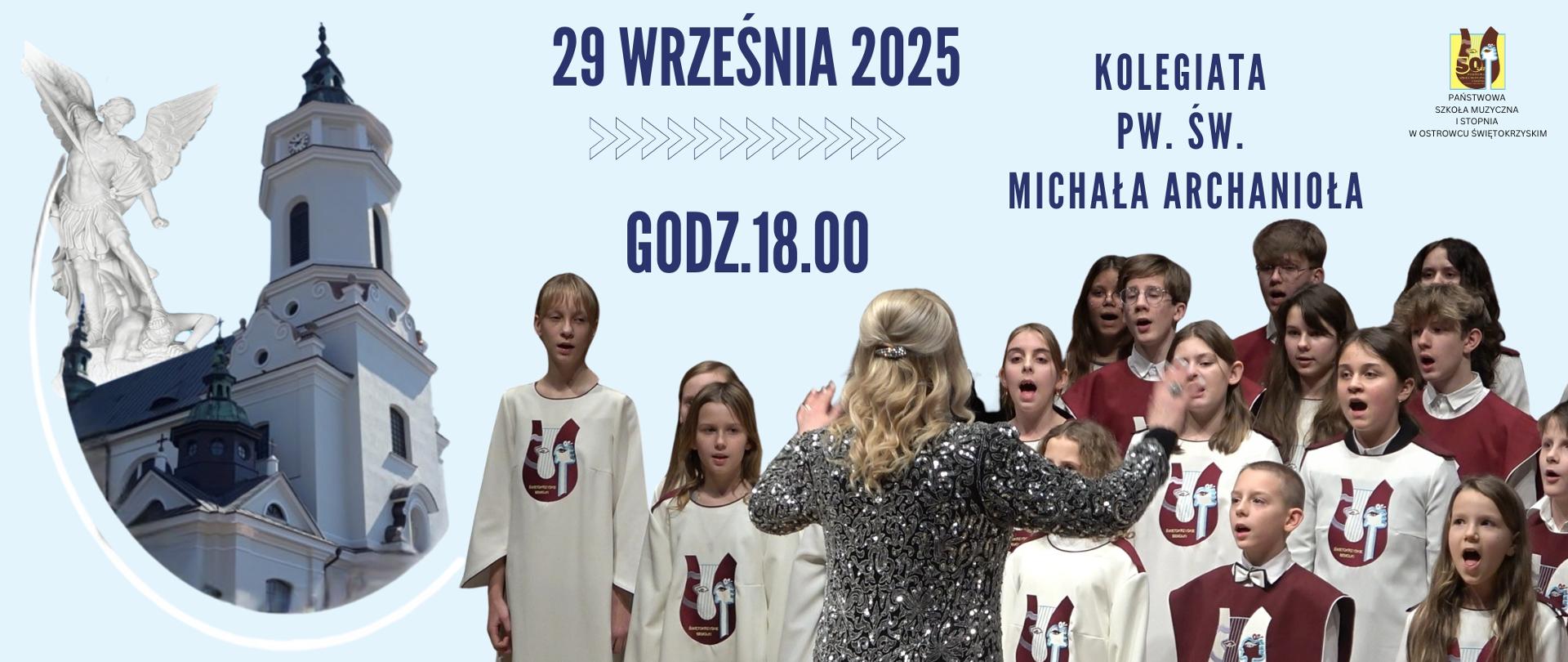 chór Bemolki na niebieskim tle z Kolegiatą i figurą św. Michała Archanioła z niebieskimi literami