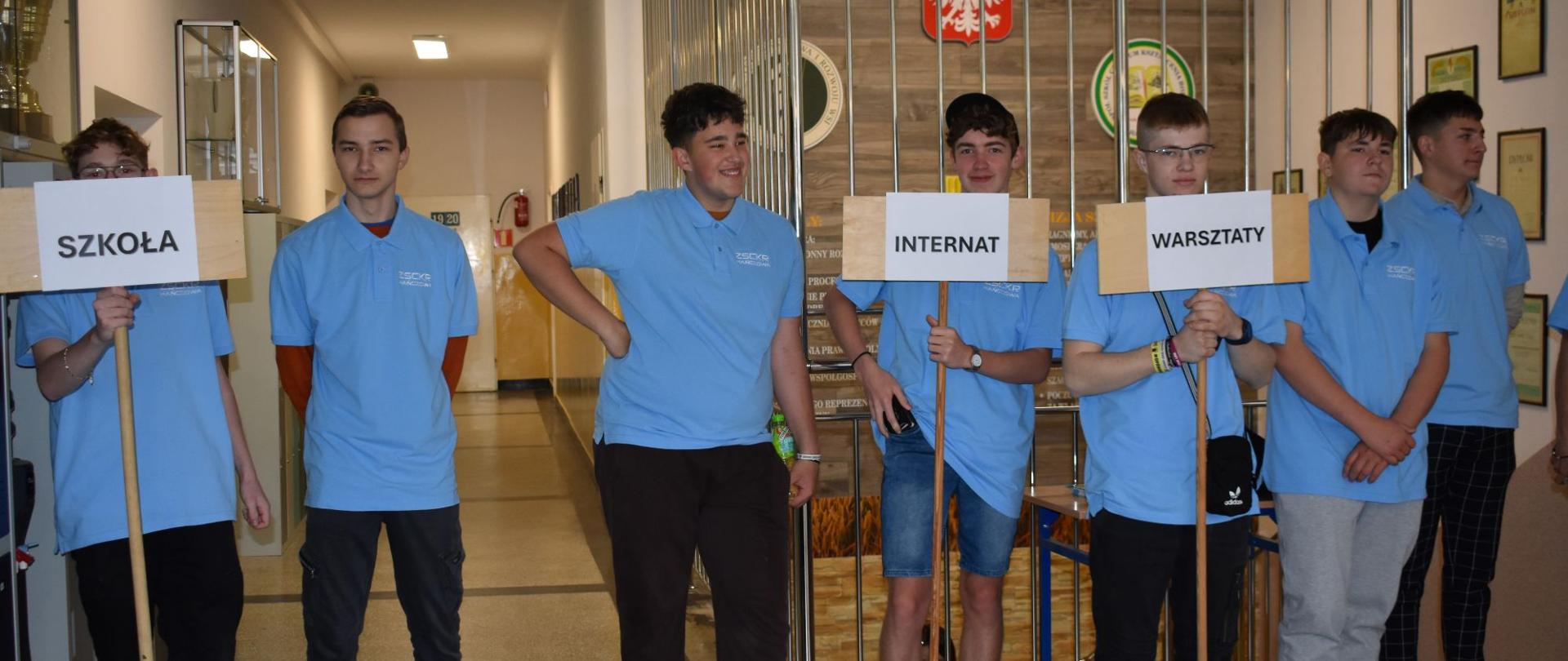 Uczniowie w niebieskich koszulkach z tabliczkami „Szkoła”, „Internat”, „Warsztaty”.