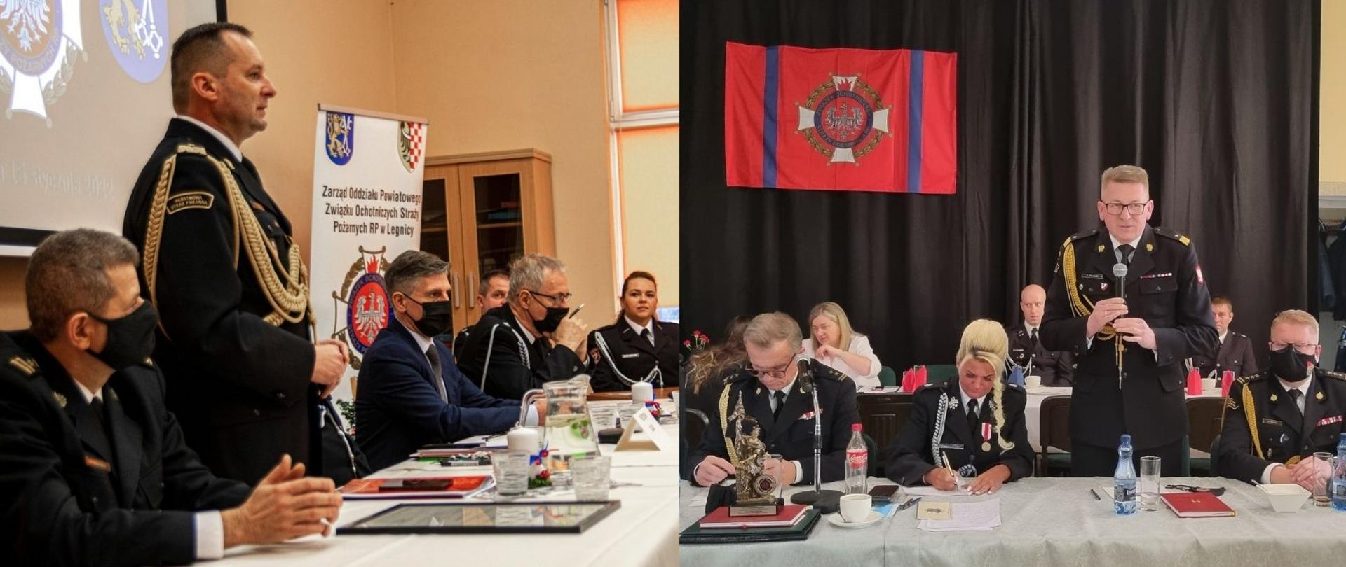 kolaż dwóch zdjęć, na obu na stojąco przemawiają zastępcy komendanta głównego PSP a w tle siedzą uczestnicy zebrań