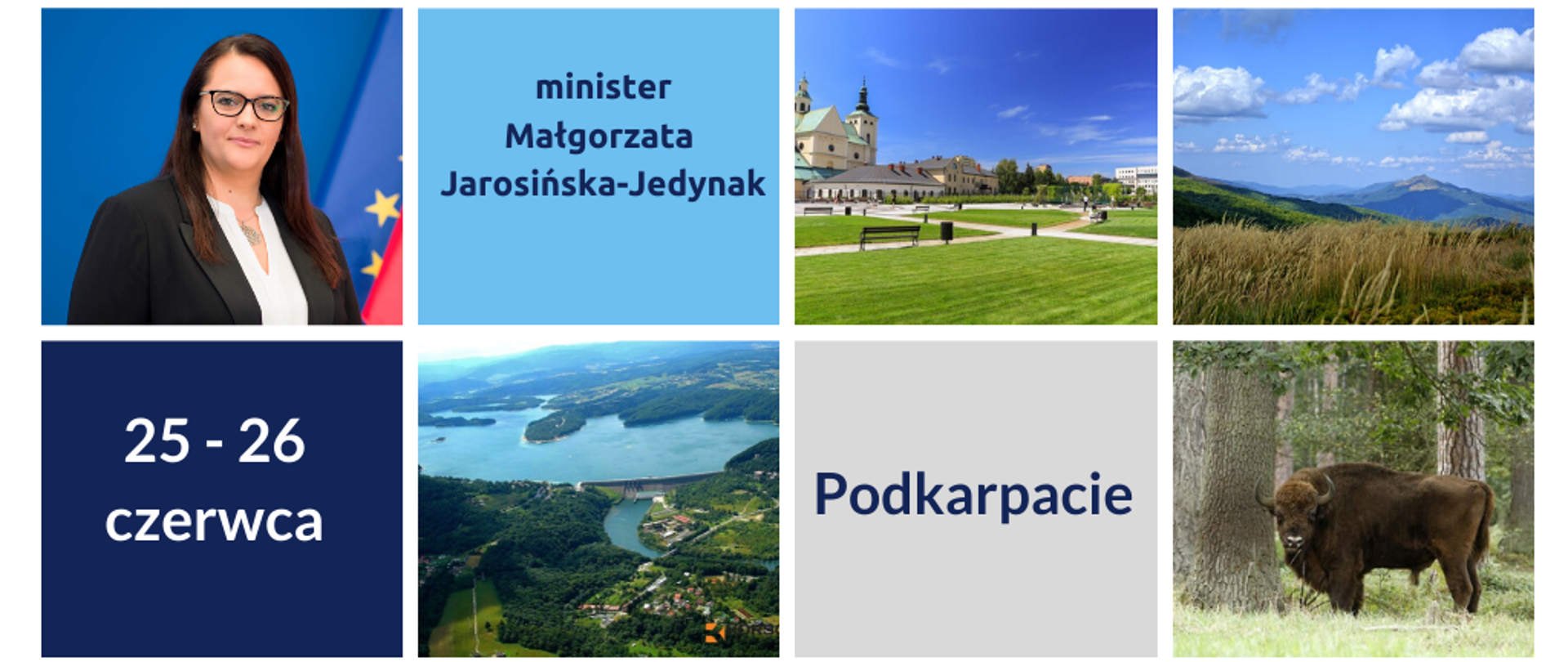 Grafika podzielona na osiem kwadratów, jedno przedstawia portret minister, trzy zawierają napisy: Minister Małgorzata Jarosińska-Jedynak, 25-26 czerwca, Podkarpacie, cztery przedstawią faunę i florę regionu. Na dole logo Funduszowego Pakietu Antywirusowego oraz Ministerstwa Funduszy i Polityki Regionalnej.