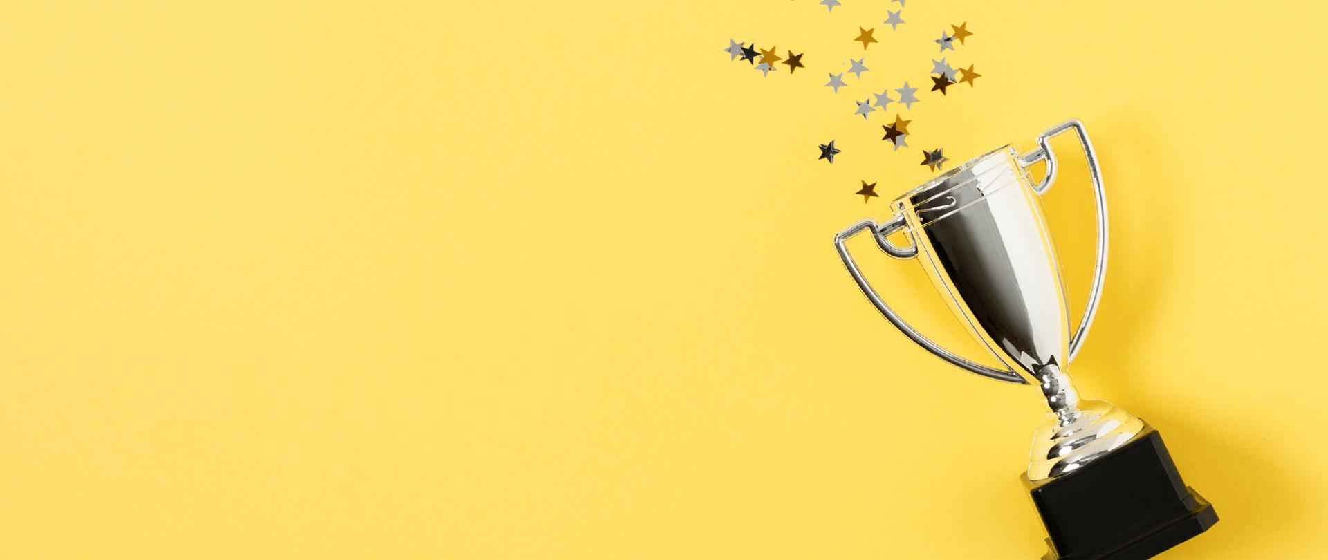 Baner w kolorze żółtym. Z jego prawej strony leży płasko złoty puchar na czarnej podstawie. Z jego kielicha wysypują się złote i srebrne gwiazdki.