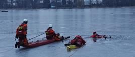 Czterech strażaków na zamarzniętym Jeziorze Średzkim przy użyciu deski lodowej ćwiczą podjęcie osoby, pod którą załamał się lód. Strażacy w pełnym zabezpieczeniu i asekuracji.