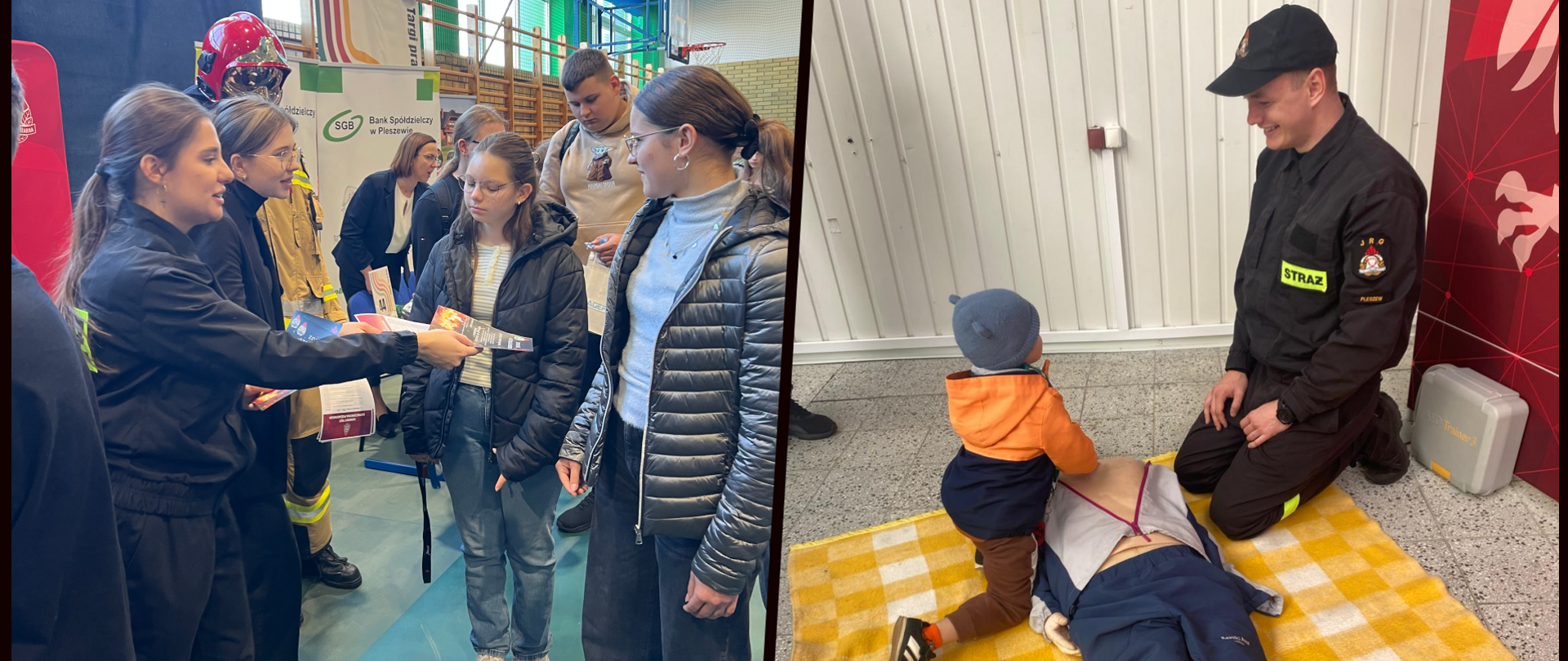 dwie fotografie, na pierwszej od lewej strony strażacy opowiadający o pracy strażaka, druga od lewej przedstawia strażaka pokazujący pierwszą pomoc dziecku