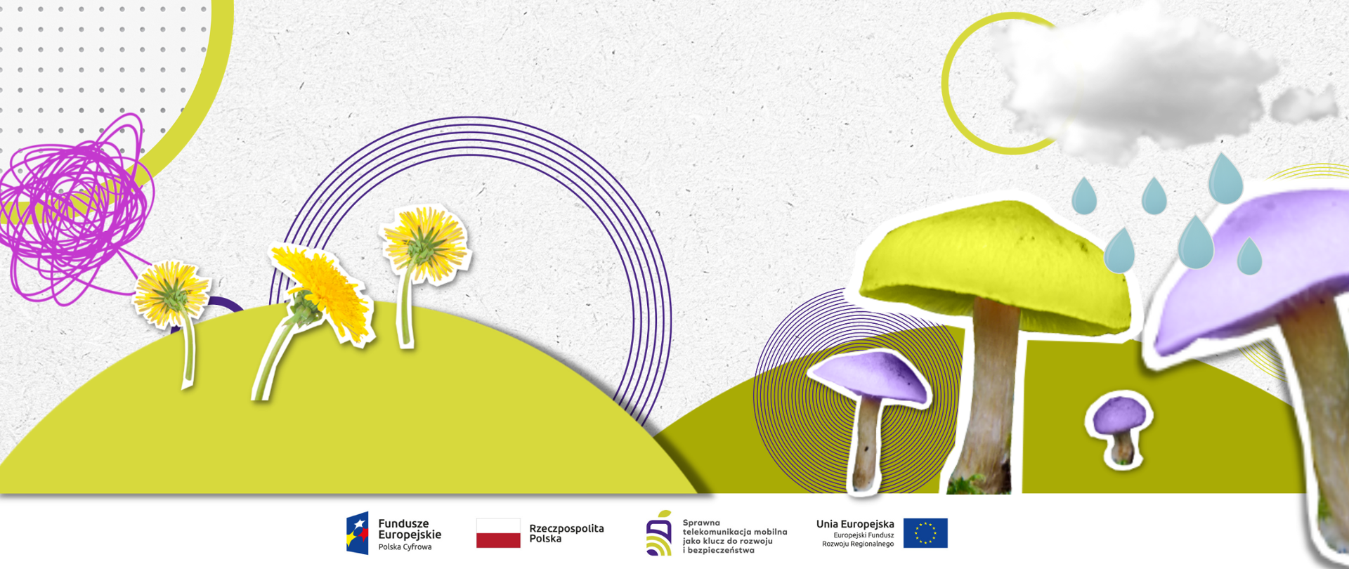 Grafika złożona z luźnych elementów przedstawiających wycięte grzyby, chmurę, krople deszczu, kwiaty oraz pasek logotypów
