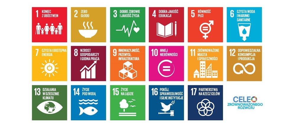 Obraz prezentuje kolorowe kwadratowe kafelki odpowiadające wszystkim 17 celom zrównoważonego rozwoju.
Kafelki ułożone są w trzech rzędach, w każdym oprócz trzeciego ułożone jest 6 kafelków.
Pierwszy kafelek prezentuje 6 białych postaci w różnym wieku, trzymających się za ręce na czerwonym tle, co odpowiada celowi 1 – „Koniec z ubóstwem”. Drugi kafelek z tłem w kolorze złotym, przedstawia białą miskę, co odpowiada celowi 2 – „Zero głodu”. Na trzecim kafelku na zielonym tle widnieje biała linia pulsu wraz z sercem, co ilustruje cel 3 „Dobre zdrowie i jakość życia”. Na kafelku czwartym na ciemnoczerwonym tle widnieje otwarta biała księga i ołówek, co oznacza cel 4 – „Dobra jakość edukacji”. Kafelek piąty odpowiada celowi 5 „Równość płci” - na jasno czerwonym tle widnieje symbol płci męskiej i żeńskiej. Na kafelku szóstym z błękitnym tłem, odpowiadającemu celowi 6 –„Czysta woda i warunki sanitarne”, zaprezentowana jest szklanka wody. Na kafelku siódmym, pierwszym w drugim rzędzie – widnieje białe słońce na żółtym tle, co odpowiada celowi 7 – „Czysta i dostępna energia”. Na kafelku ósmym na bordowym tle zaprezentowano biały wykres słupkowy i strzałkę skierowaną ku górze, co symbolizuje cel 8 – „wzrost gospodarczy i godna praca.” Na kafelku dziewiątym na pomarańczowym tle zaprezentowano trzy sześciany o białych krawędziach, stykające się trzema krawędziami bocznymi, co symbolizuje cel 9 – „Innowacyjność, przemysł, infrastruktura”. Na dziesiątym kafelku na różowym widoczne jest białe koło, w środku którego umieszczono znak równości, co odpowiada celowi 10 Mniej nierówności. Na kafelku jedenastym zaprezentowano białe budynki na jasnopomarańczowym tle, co odpowiada celowi 11 „Zrównoważone miasta i społeczności”. Na kafelku dwunastym zaprezentowano symbol nieskończoności na ciemnozłotym tle, co odpowiada celowi 12 „Zrównoważona konsumpcja i produkcja”. Na kafelku trzynastym, na ciemnozielonym tle widnieje oko, a jego źrenicą jest kula ziemska, co symbolizuje cel 13 „Działania w dziedzinie klimatu”. Na kafelku czternastym, na niebieskim tle widnieje biała ryba pod dwiema falami wody, co odpowiada celowi 14 „Życie pod wodą”. Na kafelku 15 na zielonym tle widoczne jest białe drzewo oraz ptaki, co odpowiada celowi 15 „Życie na lądzie”. Na kafelku 16 na ciemnoniebieskim tle widoczny jest biały gołąb siedzący na młotku sędziowskim, co symbolizuje cel 16 „Pokój, sprawiedliwość i silne instytucje”. Na kafelku siedemnastym na granatowym tle widocznych jest pięć przecinających się ze sobą okręgów, co symbolizuje cel 17 „Partnerstwa na rzecz celów”.
Na końcu trzeciej, ostatniej, linii kafelków widnieje napis Cele zrównoważonego rozwoju.