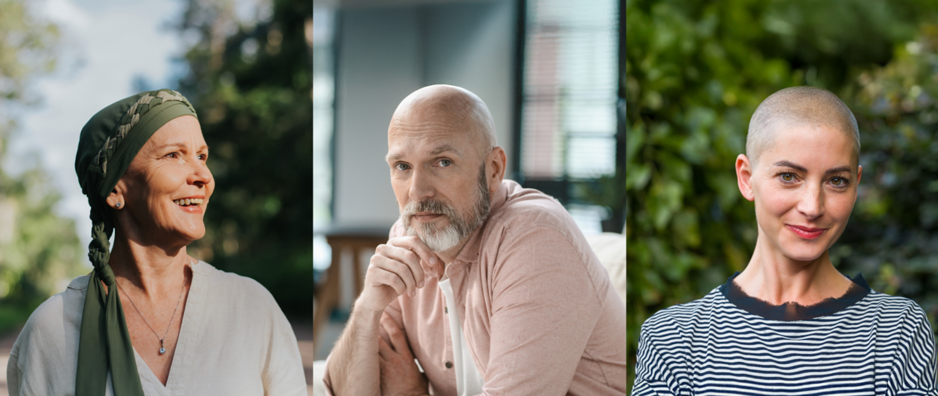 Zdjęcie podzielone w pionie na 3 równe części. W pierwszej i ostatniej są postaci kobiet, których wygląd może sugerować, że są leczone onkologicznie. Na środkowym zdjęciu widać mężczyznę w średnim wieku.