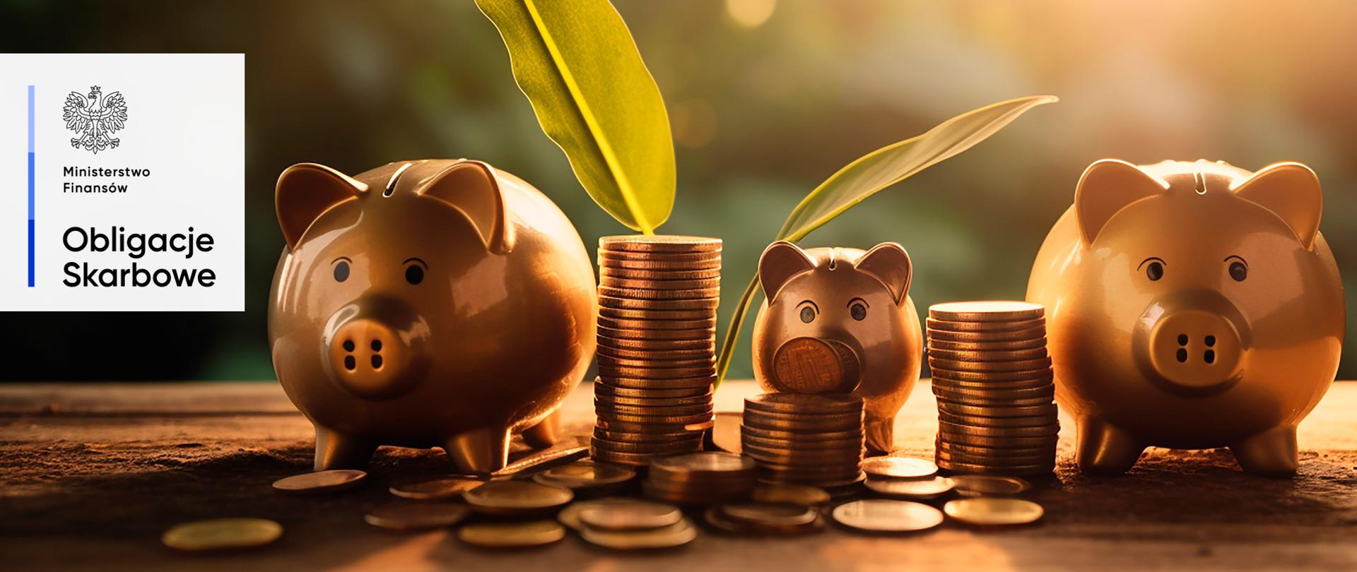 Trzy świnki skarbonki, monety, roślina. Ministerstwo Finansów, Obligacje Skarbowe.