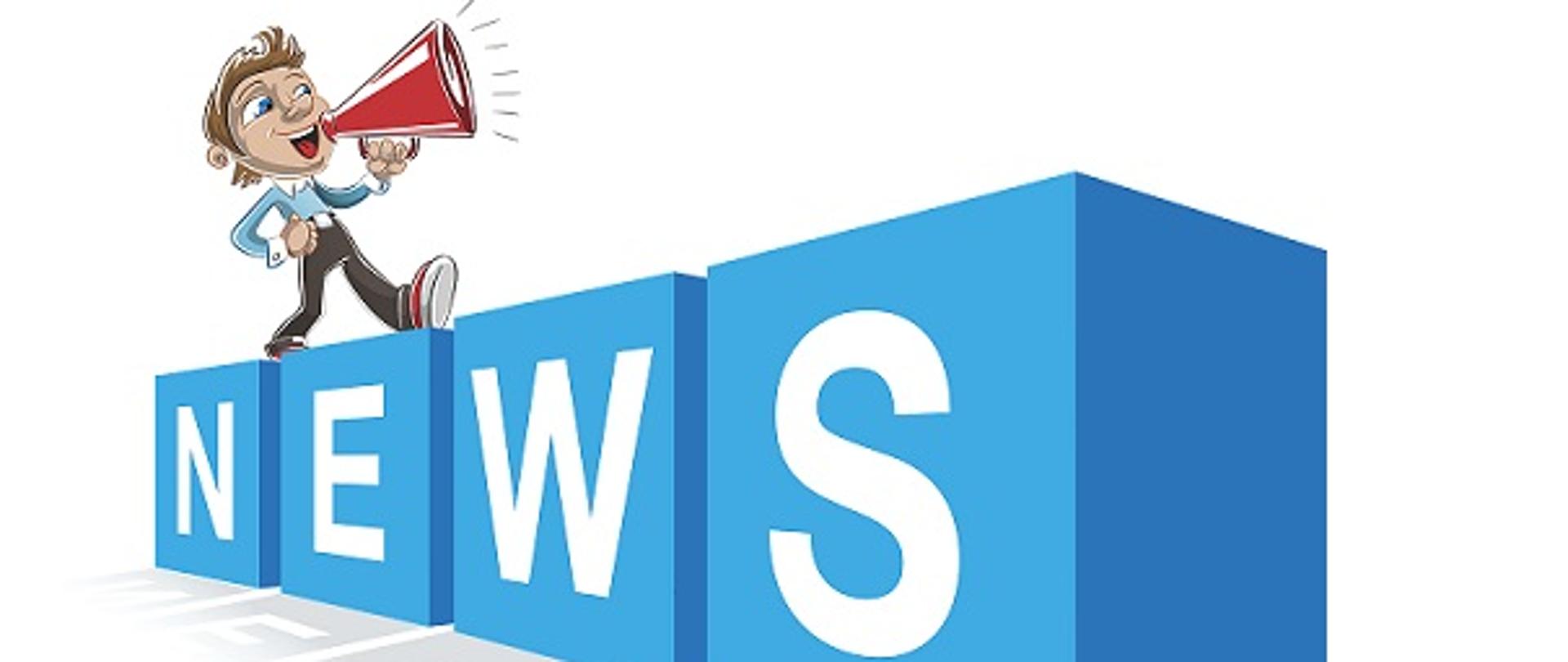 grafika chłopca z megafonem stojącego na napisie news