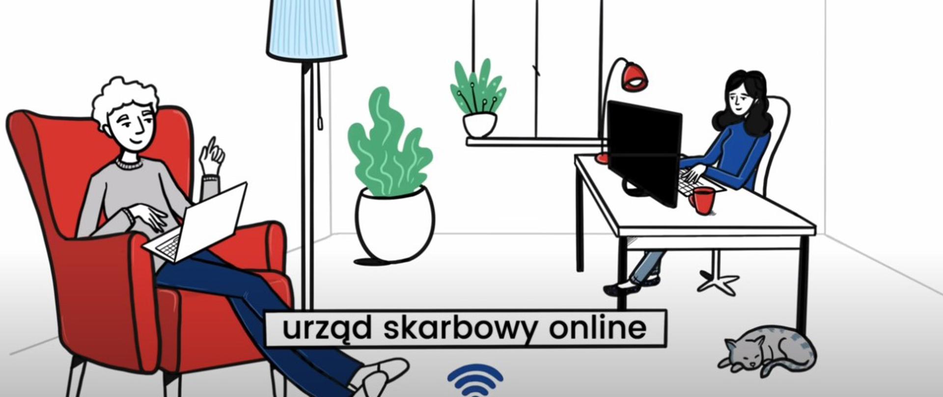 Grafika z kobietą i mężczyzną przy komputerach, napis urząd skarbowy online.