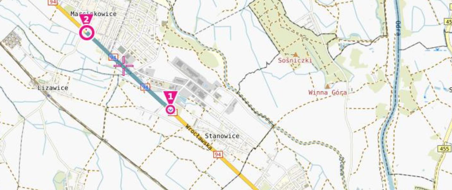 na zdjęciu jest mapa DK94 Marcinkowice - Stanowice – Oława