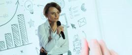 Minister Jadwiga Emilewicz na tle plansz przedstawiających symbole biznesowe: pieniędzy, wzrostu, list zadań.